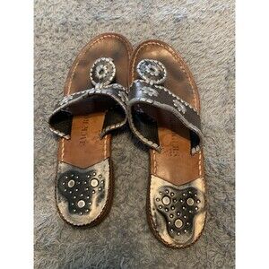 Jack Rogers Navajo Thong Sandals Flip Flop Leather Shoes Metallic Green 7